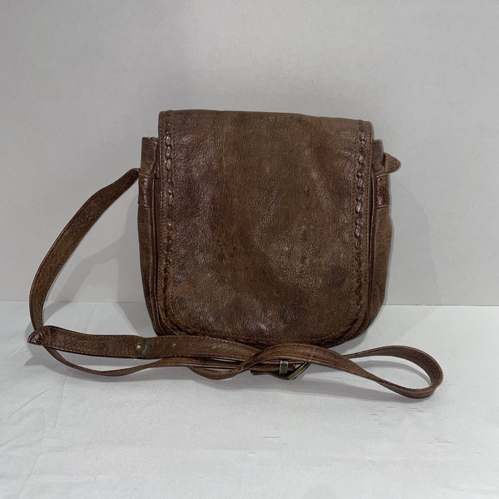 Vintage Brown Leather‎ Whipstitch Crossbody Bag Small Messenger Map Print Lining